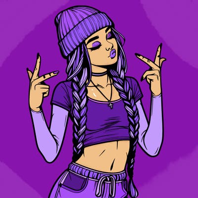 realistic teenage girl with braids and a beanie and crop top doing 🫶🏼