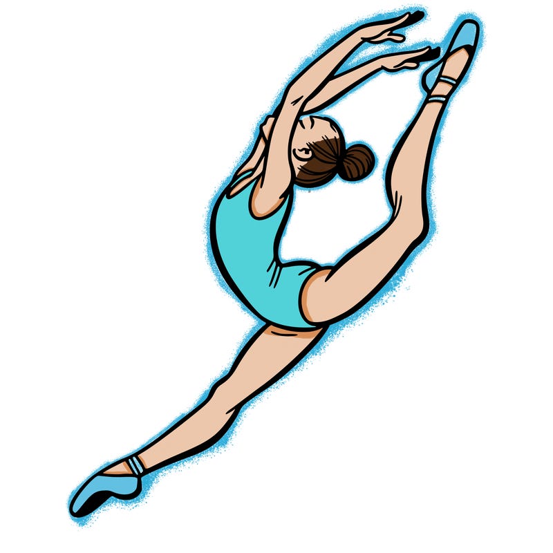gymnast doing a leap in a leotard with a bent back leg