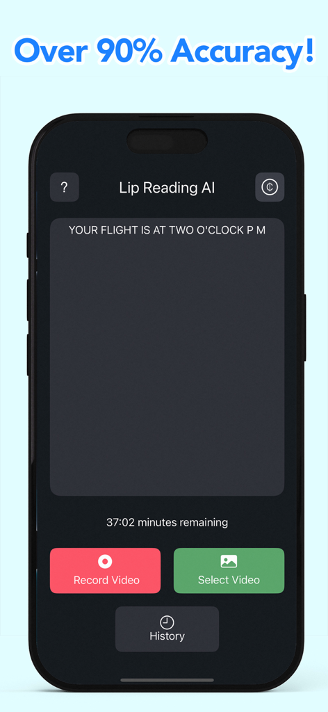 AI Lip Reading - Video Reader - Interface of the AI Lip Reading app showing a text transcript from a video with buttons for recording and selecting videos.