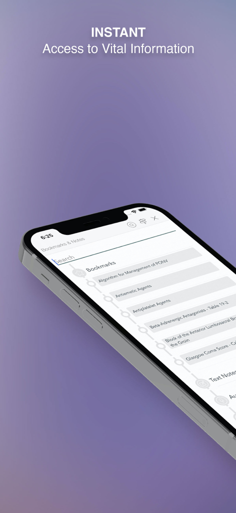 Clinical Anesthesia MGH HBK - Clinical Anesthesia MGH app bookmarks and notes screen on iPhone