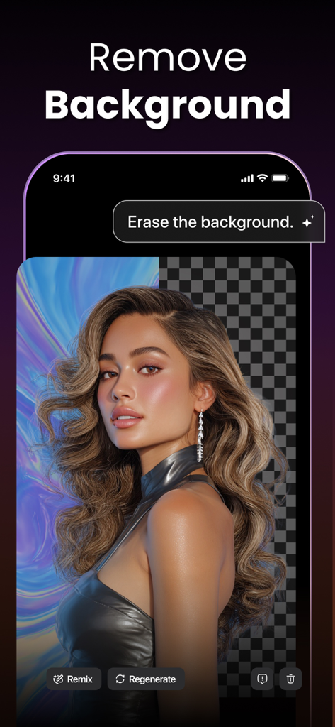Captura de pantalla de la aplicación móvil Bananix Pro que demuestra la herramienta de eliminación de fondo con IA en un retrato.