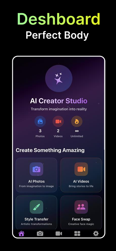 AI Photo and Video Generator - Dashboard der KI-Creator-Studio-App mit Foto- und Videogenerierungswerkzeugen