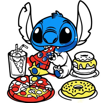 stich eating pizza and donuts