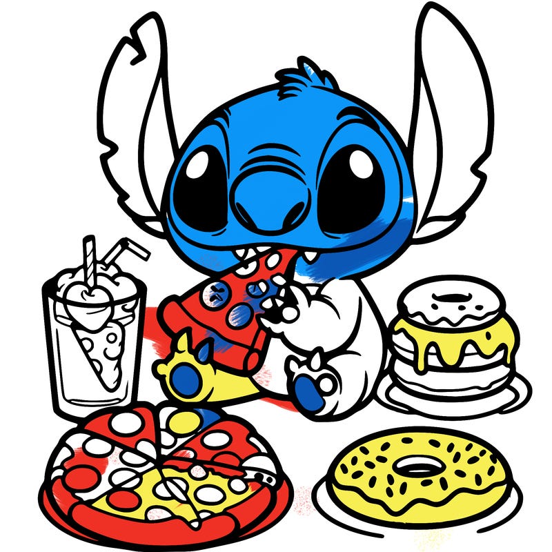 stich eating pizza and donuts