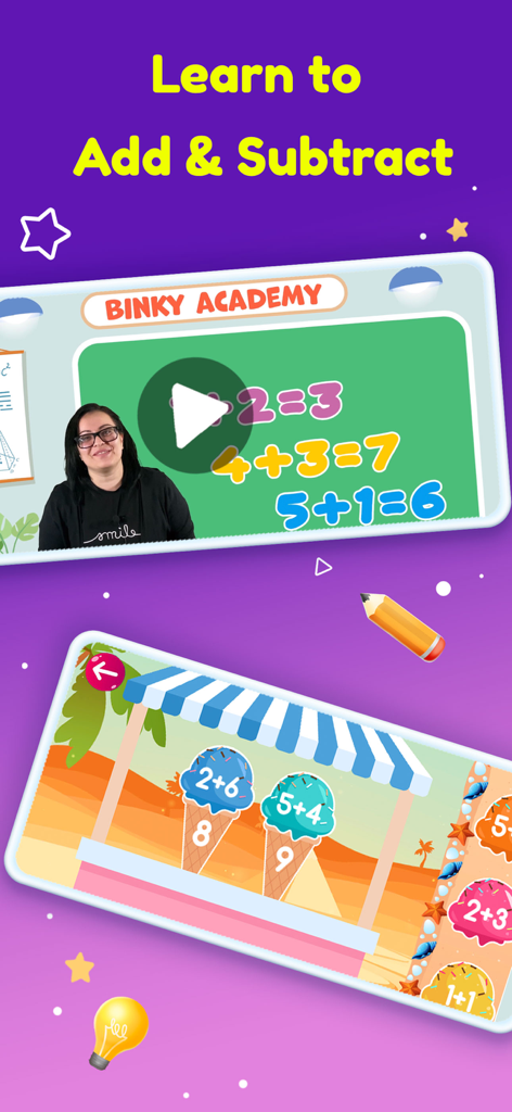Learn Numbers: Math Kids Games - Binky Math app interface featuring addition and subtraction lessons and interactive ice cream themed games
