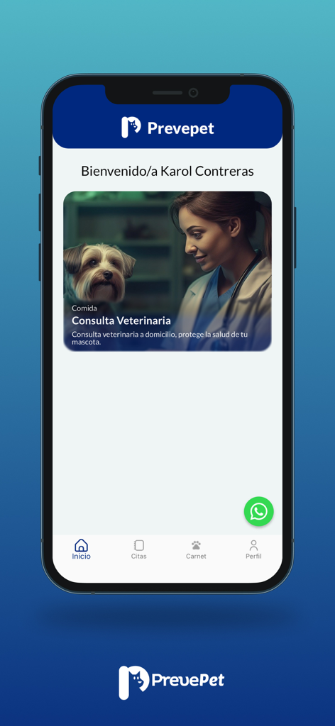 Prevepet - Startbildschirm der Prevepet App mit einer Dienstleistungskarte für eine tierärztliche Beratung.