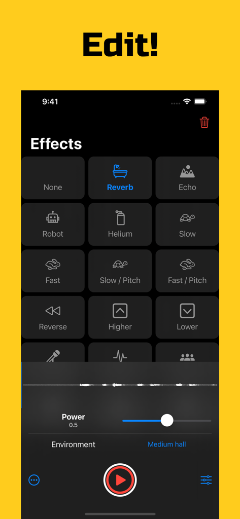 Voffect - Voice effect changer - A mobile interface for the Voffect app showing a grid of voice effects like Robot and Helium with audio editing controls.