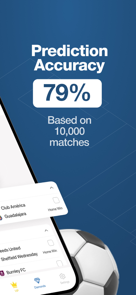 Pro Tipster | Sport Predictor - Pantalla de la aplicación móvil Pro Tipster que muestra un setenta y nueve por ciento de precisión en predicciones para partidos de fútbol basadas en diez mil partidos.