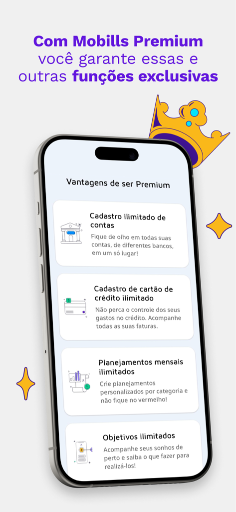 Mobills - Budget Planner - Un écran de smartphone affichant les avantages premium de l'application Mobills, notamment des comptes et des objectifs financiers illimités.
