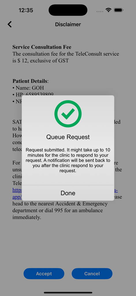 SATA Public - A popup message confirming a telehealth queue request in the SATA Public app.