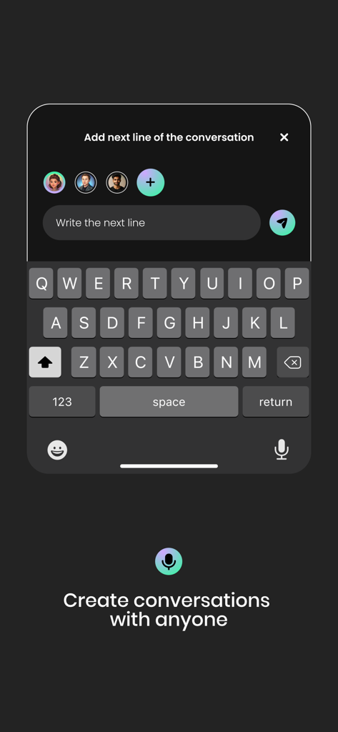 Voicify - Audio Chat Creator - User interface of Voicify app showing character selection and text input for creating AI voice conversations
