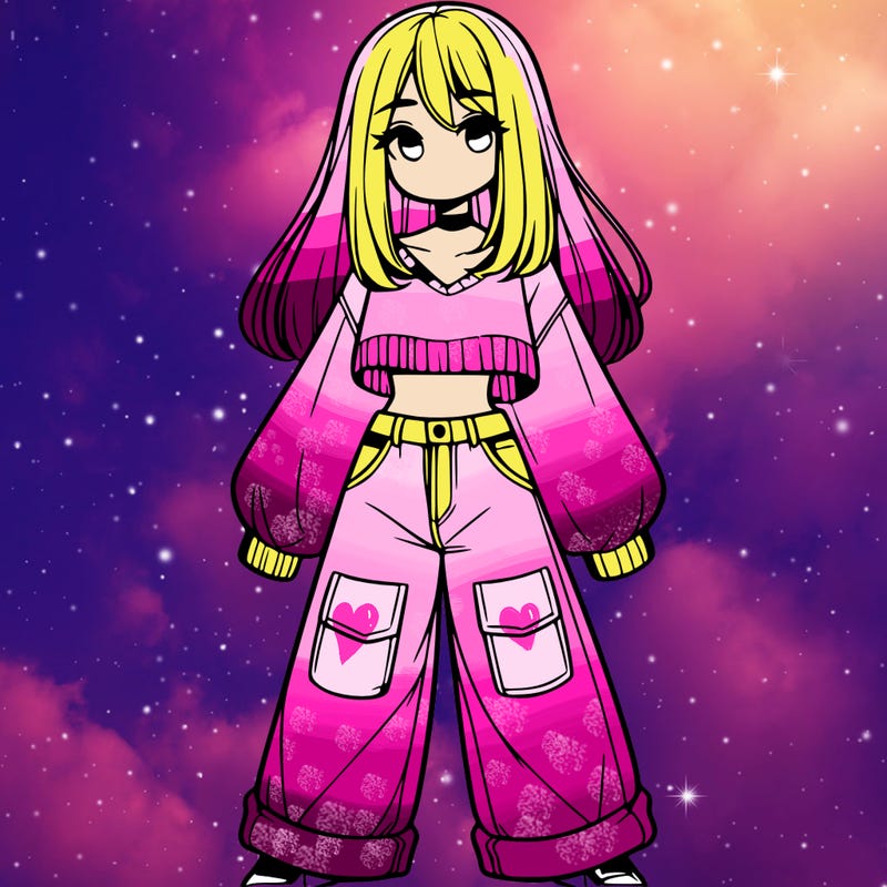 cute girl with straight hair in baggy jeans and a crop top and a sweater