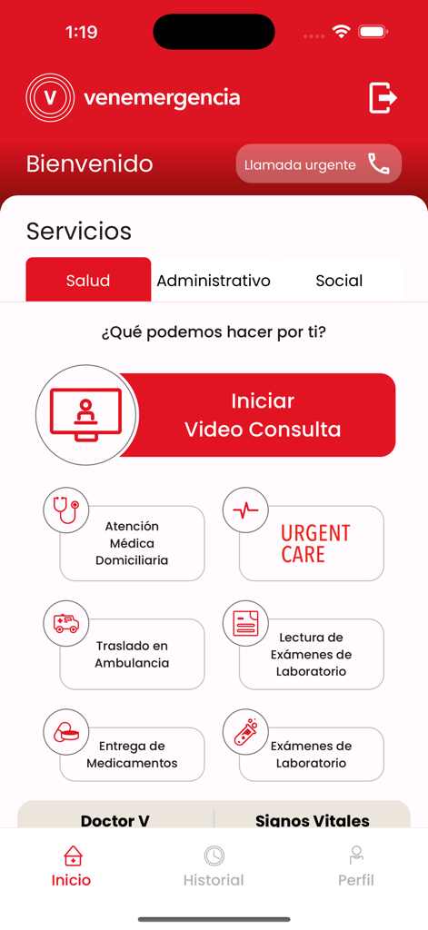 Venemergencia - Venemergencia mobile app services screen showing options for video consultation home medical care and urgent care