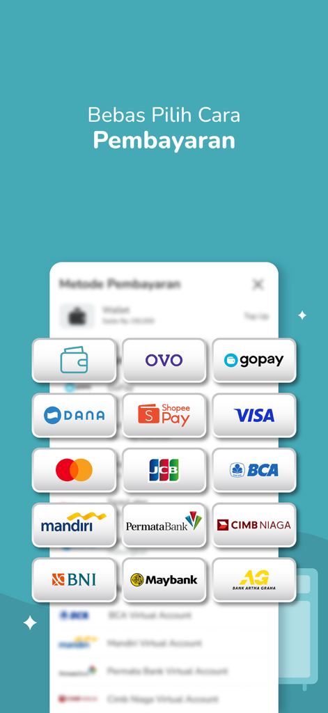 KliknClean - Bildschirm auf dem Handy, der mehrere Zahlungsmethoden anzeigt, darunter E-Wallets und Kreditkarten für KliknClean-Dienste