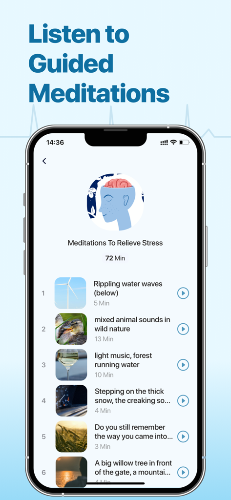 Heart Mate: Health Monitor - Heart Mate app screen displaying a playlist of guided meditations and relaxing nature sounds