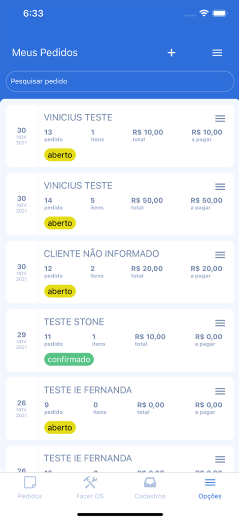 Mobile app interface showing a list of customer orders with status tags and total amounts