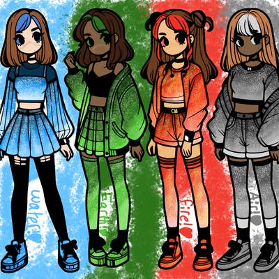 one girl with crop-top shirt and a jacket with a skirt, long socks and another girl with a shirt and pants with a jacket