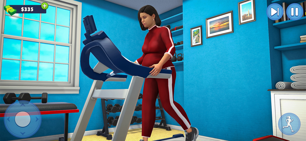 妊娠中の母親キャラクターが、ホームジムシミュレーションゲームのトレッドミルを歩いている