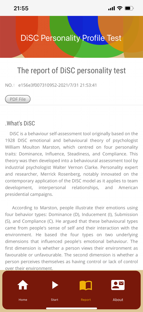 Psychological test-DiSC test - DiSC性格診断テストのモバイルアプリ画面。アセスメントレポートとDiSC行動モデルの説明が表示されています。