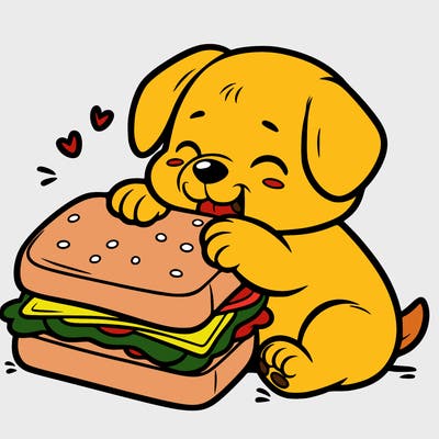 puppy trying to eat a large sandwich