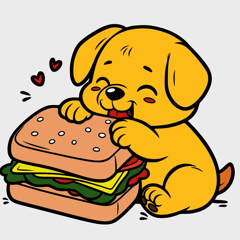 puppy trying to eat a large sandwich