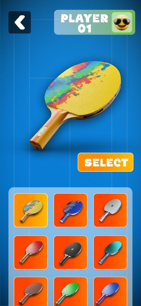Ping Pong : Table Tennis Games - Ein Auswahlbildschirm zur Anpassung von Tischtennis-Schlägern mit verschiedenen Farben und Designs