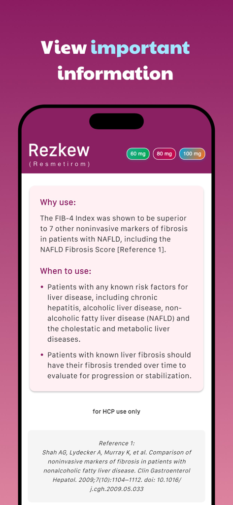 Clinical guidelines and usage information screen of the FIB 4 Calculator mobile app for healthcare professionals