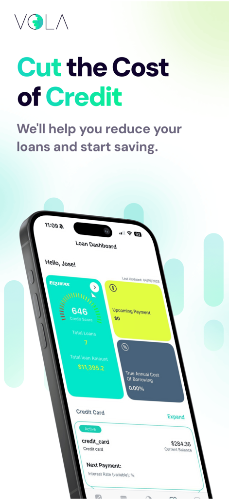 Vola app loan dashboard on a smartphone showing credit score and financial overview