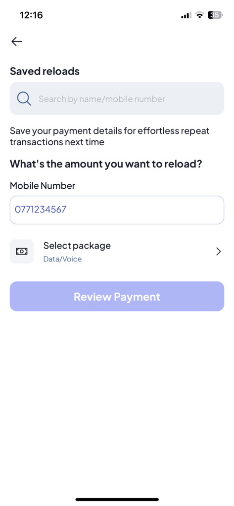 PayMaster - The Super App - Interfaz para recargas de teléfonos móviles y selección de paquetes de datos en la aplicación PayMaster