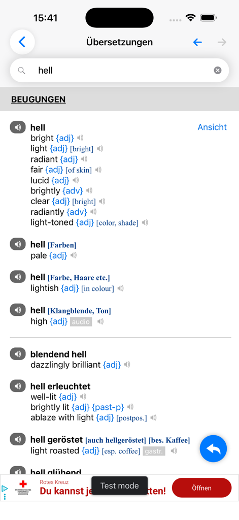 Dict.cc dictionary app interface showing German to English translations for the word hell