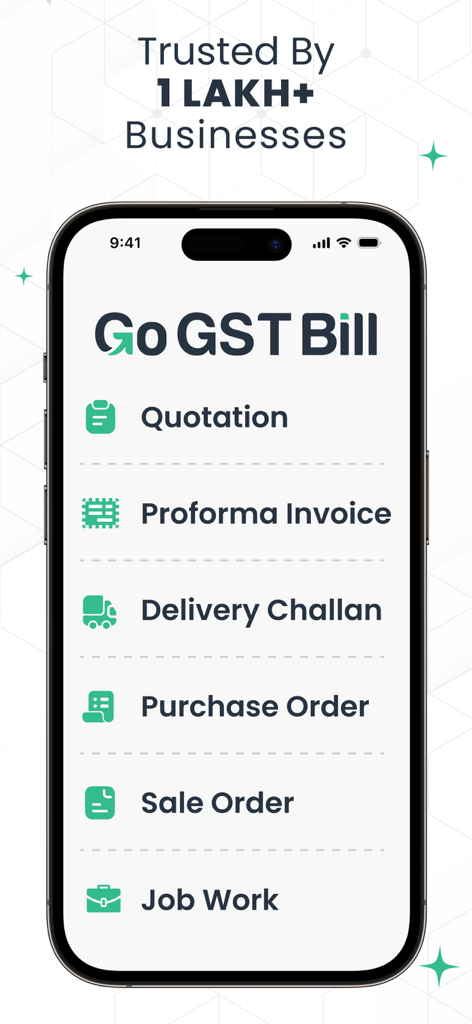 Go GST Bill - Go GST Bill app home screen displaying business functions like quotations and proforma invoices