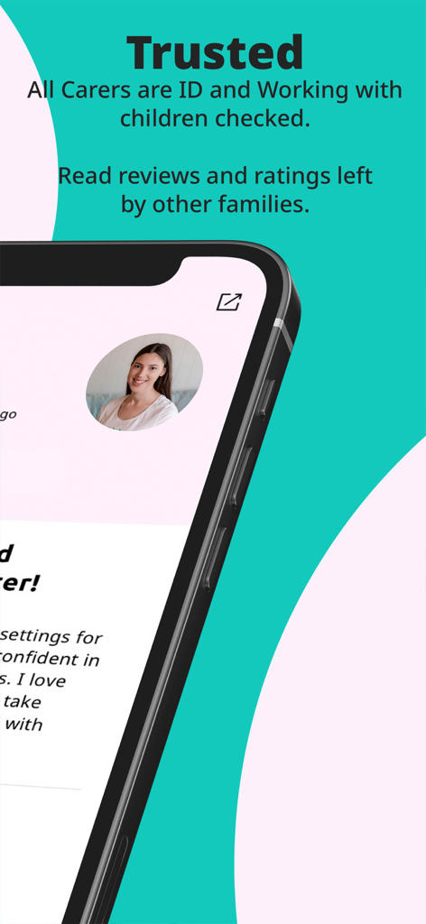 Kiddo App - Marketing screen for the Kiddo App showing a verified babysitter profile with trust and safety features highlighted