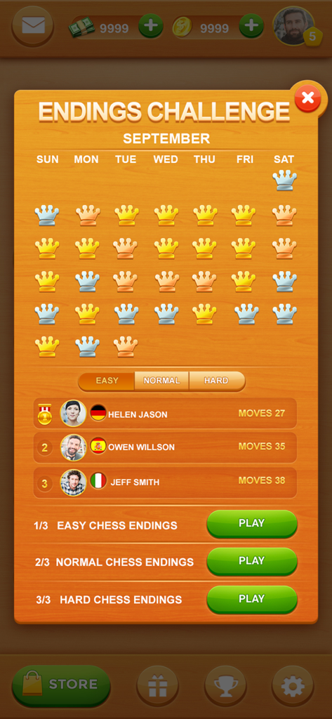 Chess Online: Learn & Win - Monatlicher Endspiel-Herausforderungsbildschirm in der Schach Online-App mit einem täglichen Rätselkalender und einer Spieler-Rangliste