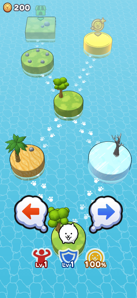 Battle Cats Quest - A white cat character on a path of floating themed islands in the Battle Cats Quest mobile game