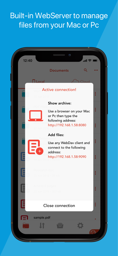 Amerigo - File Manager - Pantalla de smartphone que muestra la conexión del servidor web integrado de la aplicación Amerigo para gestionar archivos desde una Mac o PC.