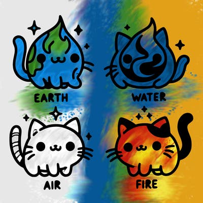 4 cats that represent the different elements, earth, water, air, and fire