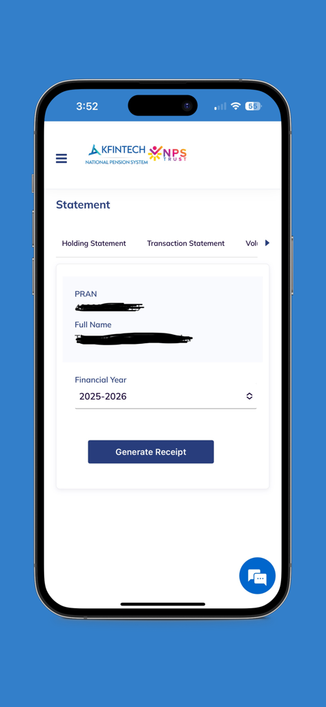 NPS by KFintech-CRA - Transaction statement screen in the NPS by KFintech-CRA app showing options to select a financial year and generate a receipt.