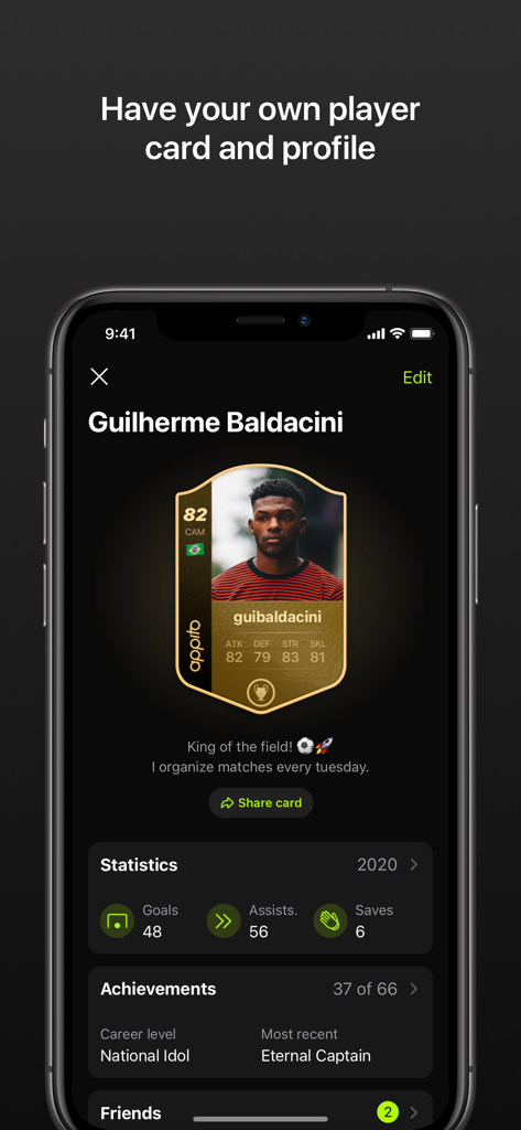 A soccer player profile screen in the Appito app featuring a FIFA-style player card with real-life match statistics and achievements.