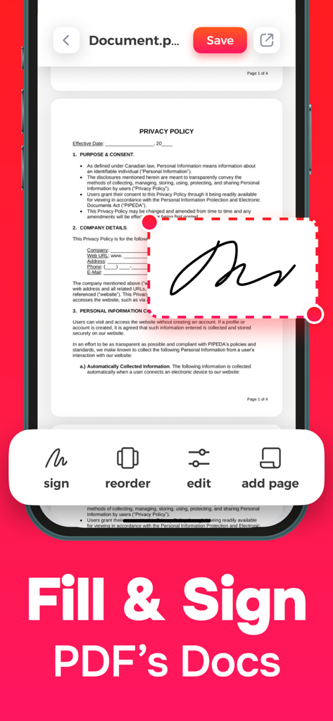 PDF Scanner. Scan Document. - iPhoneでPDFドキュメントに電子署名を追加する方法を示すモバイルアプリインターフェイス。