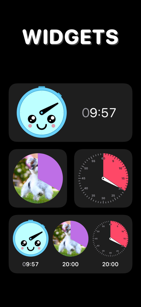 Una colección de diferentes widgets de temporizador visual que incluyen un reloj de cara sonriente y una cuenta regresiva de imagen de perro