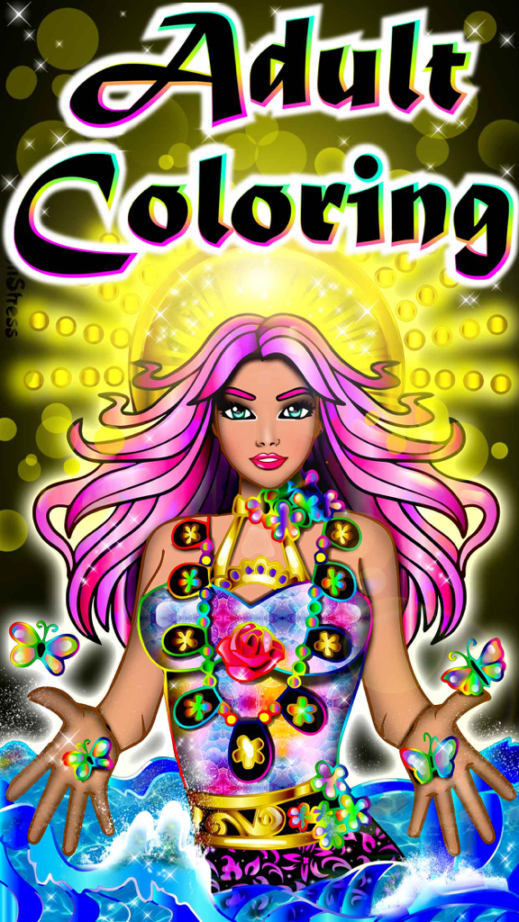 Adult Coloring Books with Fun Games for Adults - A vibrant coloring page of a magical woman with pink hair and neon patterns