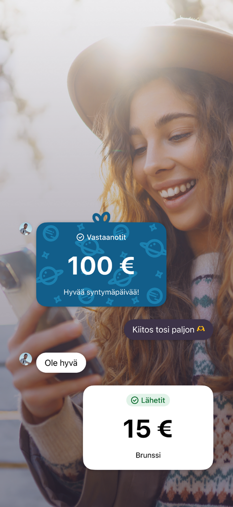 MobilePay - MobilePay app interface showing sent and received payments for birthday gifts and shared brunch.