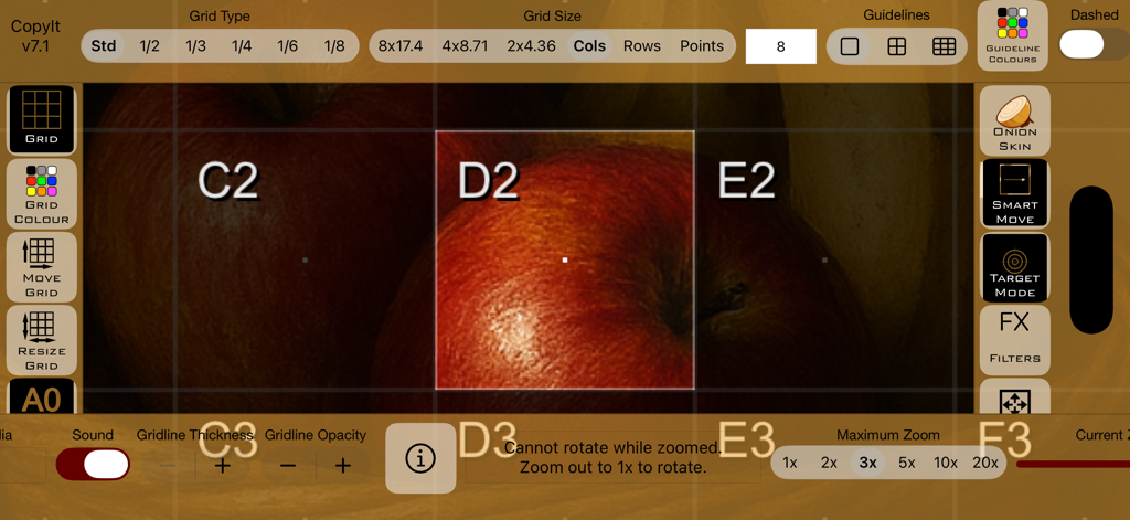 CopyIt The Grid Drawing Method - Interfaz de la aplicación CopyIt que muestra una cuadrícula etiquetada sobre una imagen de referencia de manzanas
