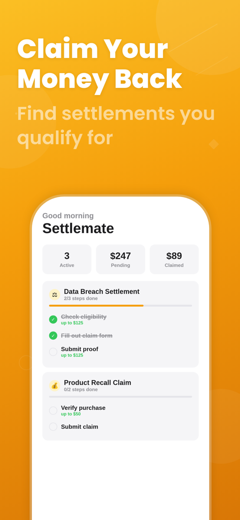 Settlemate app interface showing class action settlement claim status and pending payouts