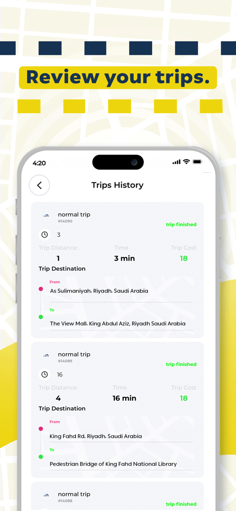Captain One Driver - Captain One Driver app interface showing a history of completed trips with details on distance time and cost