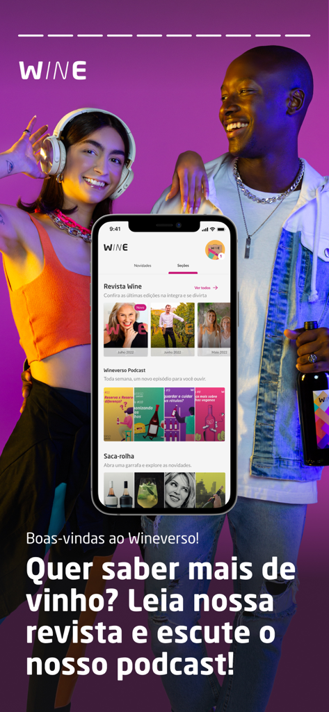 Wine: Loja e Clube de Vinhos - Smartphone affichant le portail Wineverso avec du contenu de magazine et de podcast sur le vin.