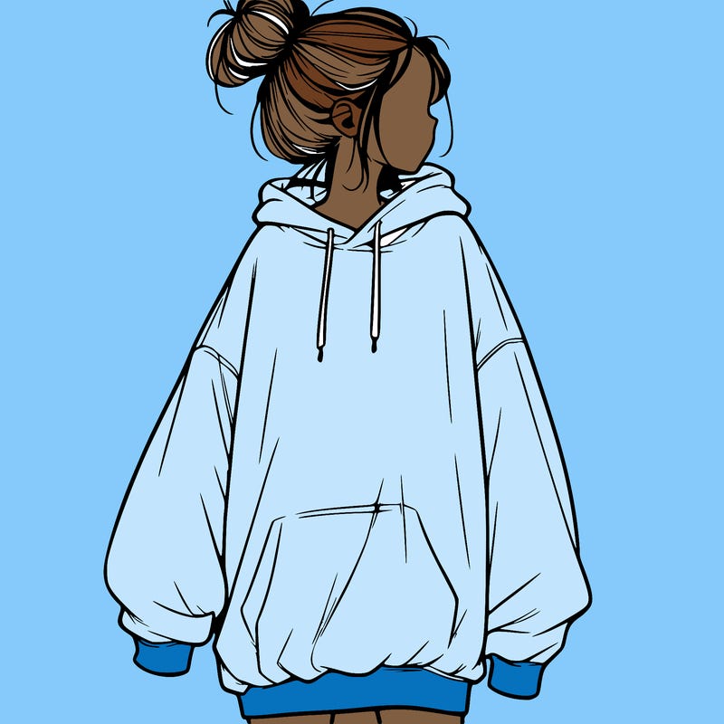 realistic girl with a oversized sweatshirt on and a bun
