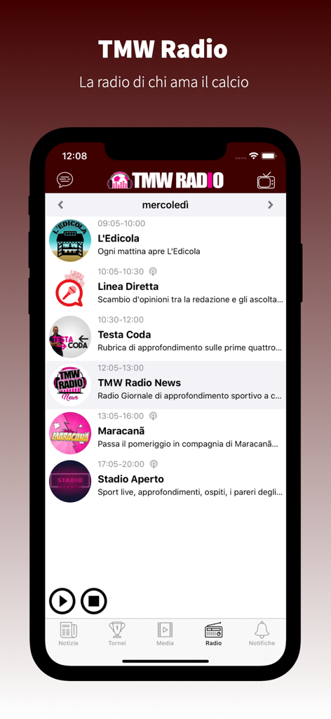 TorinoGranata.it - L'app TorinoGranata mostra il programma giornaliero della TMW Radio per le notizie sul calcio