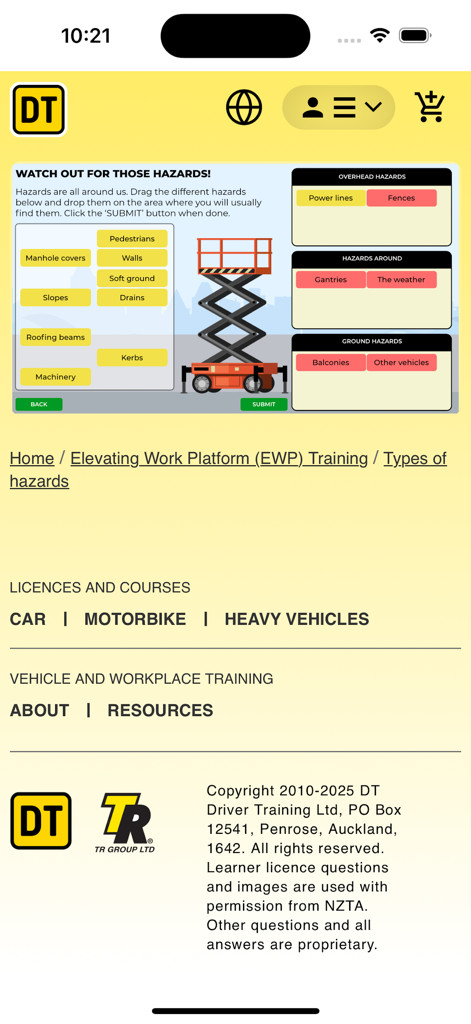Interactive hazard identification exercise for Elevating Work Platform training in the DT Driving Tests app