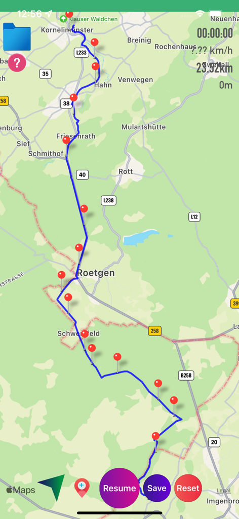 GPS tracking map displaying a blue path with red waypoints and trip statistics
